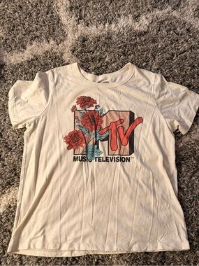 MTV White Tee with Red and Teal Floral Accent
